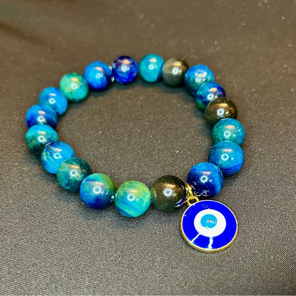 10mm Blue Tiger’s Eye And Evil Eye Pendant Beaded Bracelet - Picture 2 of 4